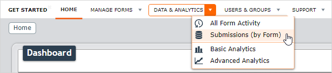 "Submissions (by Form)" in the Data and Analytics menu