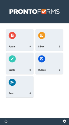 The default home page of the Android app displays five tiles: Forms, Inbox, Drafts, Outbox, and Sent.
