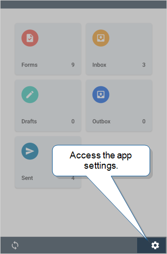 The default home page of the Android app displays five tiles: Forms, Inbox, Drafts, Outbox, and Sent.