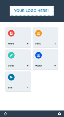 The home page of the Android mobile app that shows six tabs: Forms, Inbox, Drafts, Outbox, Sent, and Search. The banner at the top of page shows an image that says "Your logo here!" for custom branding.