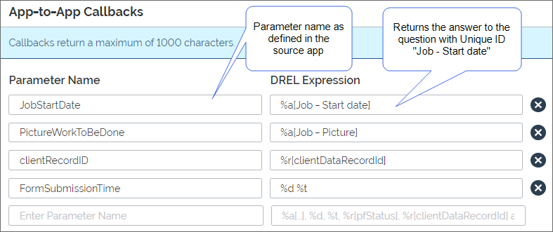 App-to-App Callbacks section with four parameters and corresponding DREL expressions defined. For example, Parameter = JobStartDate (to match the source app) and %a[Job - start date], which returns the answer to the question with that unique ID