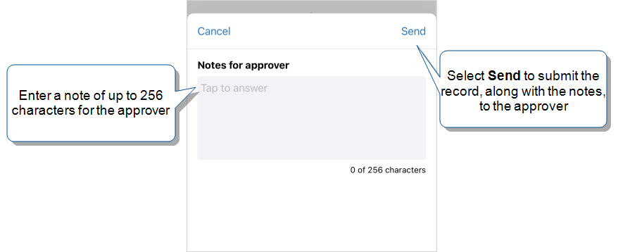 A field to add notes for an approver. You can add a note of up to 265 characters. Select Send to submit the record with the notes.