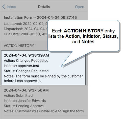 Approver notes appear in the record's ACTION HISTORY