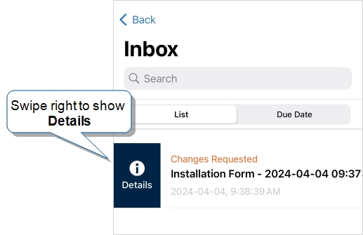 Swipe right to show a record's Details