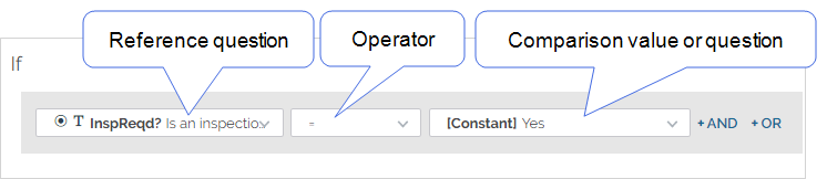 If statement that shows the reference question "Is inspection required" with the operator "equals" and the comparison question value the constant "Yes"