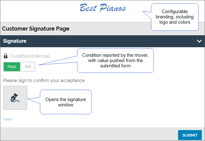 Customer feedback form shown in a web browser, with configurable branding, condition on arrival populated from the submitted form, button that opens signature window