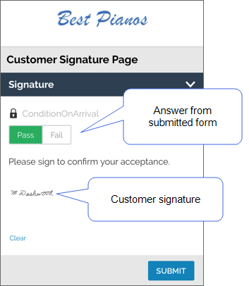 Customer signature form ready to submit, shows the condition on arrival from the mover's submitted form and the customer's signature
