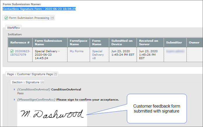 Form submission details with customer signature displayed
