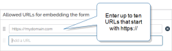 "Allowed URLs for embedding the form" section that shows one URL "https://mydomain.com".