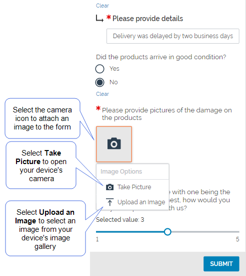 Select the camera icon for an options menu to open. Select Take Picture or Upload an Image.