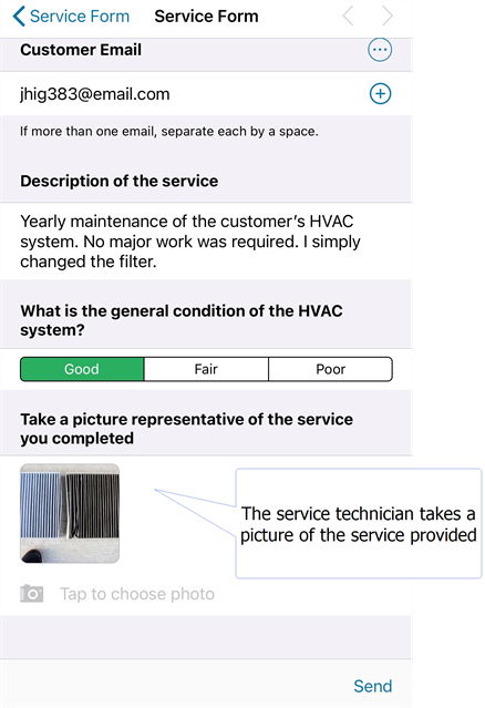 The service technician takes a picture of the service provided, and then  adds it to the form.