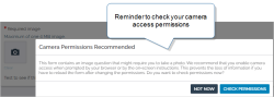 Customer Feedback Form that shows a required image question and a popup reminder to check your camera permissions