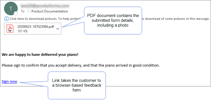 Customer email with PDF document attached and link that takes the user to a browser-based customer feedback form