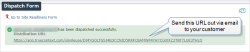 A screenshot of a successful dispatch with a highlighted single-use Distribution URL on a customer feedback form.