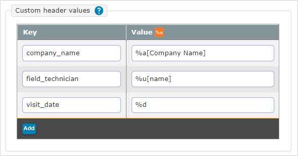 "Custom header values" connection table