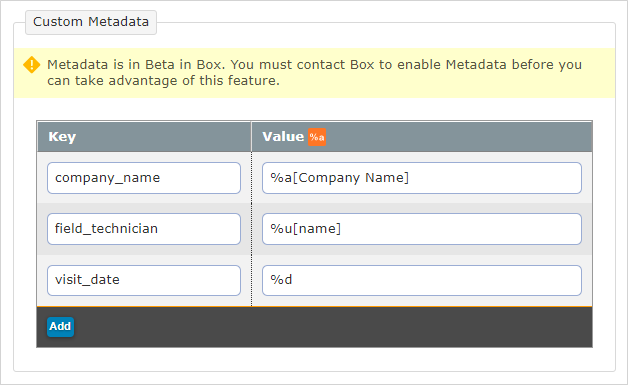 "Custom Metadata" table for Box data destination