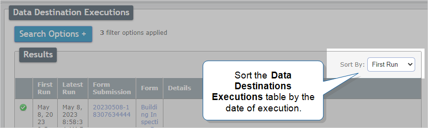 Select an option from the "Sort By" dropdown on the Executions page to change the order of the executions list.