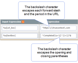 Data Destination filter settings that show the input expression %a[url_box] and a filter expression where the backslash character \ escapes the forward slashes and period in the URL. The second input expression is %r[workflowStatus] with a filter expression in which the backslash character escapes the opening and closing parentheses.
