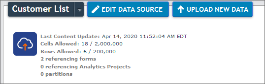 Data Source Details page that shows Last Update, size limits and usage, number of referencing forms, and partition and analytics info