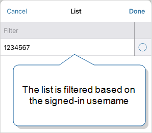 Filtered list of options that shows 1234567 available to select. This is the only option available for the signed-in user.