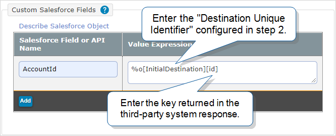 Custom Salesforce Fields section that shows the Salesforce API Name "AccountId" and a DREL expression "%o[InitialDestination][id]". 