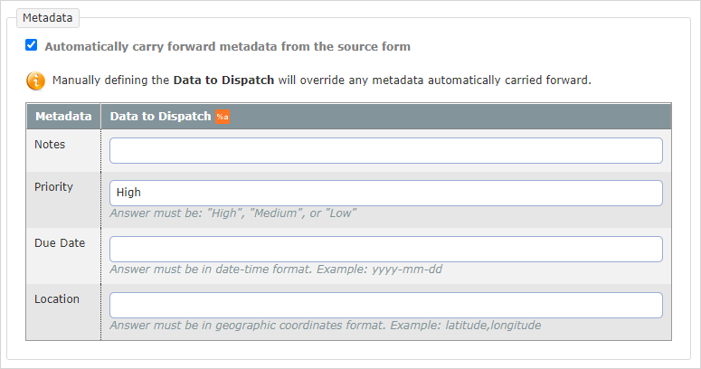 Dispatch Destination metadata settings