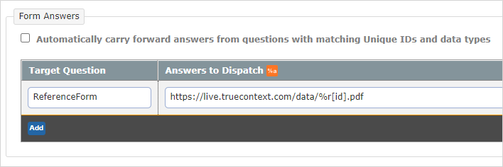 Add the Unique ID of your URL question to the "Target Question" column. Then, in the "Answers to Dispatch" column, add the URL provided in the instructions.