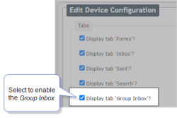 Options to display different tabs in the Mobile App. Select "Display tab 'Group Inbox'" to enable the Group Inbox.