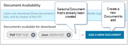 "Documents" section with a PDF and JSON document available for download, and the "Add a new document" button for creating a new document.
