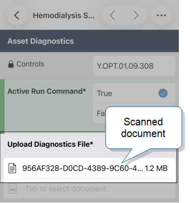 The File Upload question in the Mobile App with the scanned PDF attached. A callout on the file reads “Scanned document.”