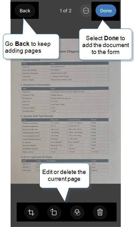 The review screen showing page 1 of 2. A callout on Back reads “Go Back to keep adding pages.” A callout on Done reads “Select Done to add the document to the form.” A callout on the crop, rotate, filter, and delete icons reads “Edit or delete the current page.”