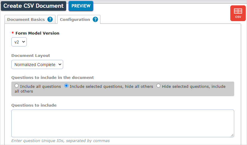 Question inclusion configuration setting for a CSV document