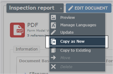 Dropdown menu next to the document name. The option to "Copy as New" is highlighted.