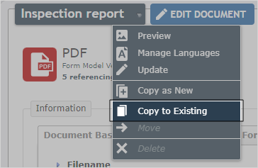 Dropdown menu next to the document name. The option to "Copy to Existing" is highlighted.