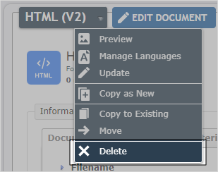 Dropdown menu next to the document name. The option to "Delete" is highlighted.