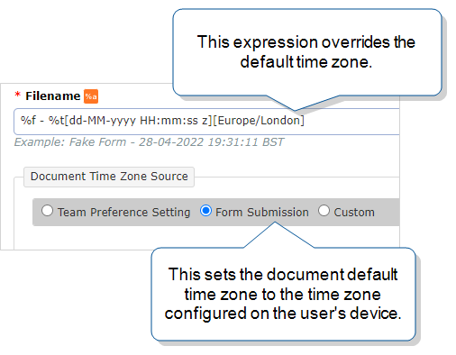 Filename field set to "%f - %t[dd-MM-yyyy HH:mm:ss z][Europe/London], which results in a value of "Form Name - 28-04-2022 19:31:11 BST", which overrides the "Document Time Zone Source", which is set to "Form Submission" (the time zone on the user's device).