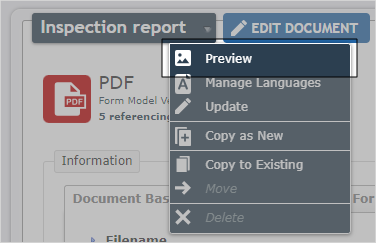 Dropdown menu next to the document name. The option to "preview" is highlighted.