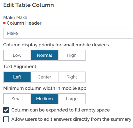 Edit Table Column page with option to "Allow users to edit answers directly from the summary table" selected