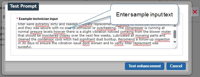 The Test Prompt dialog with sample HVAC inspection text entered in the Example technician input field, and Test enhancement and Cancel buttons below. A callout reads 'Enter sample input text'.