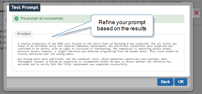 The Test Prompt dialog after a successful test run, showing a 'The prompt ran successfully' banner and the AI's refined inspection report in the AI output field. A callout reads 'Refine your prompt based on the results'.