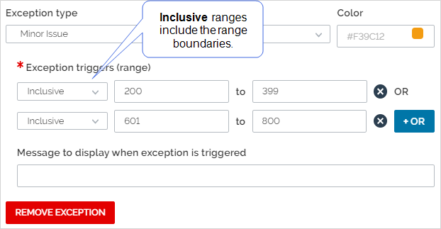 The user configures two Inclusive ranges. One from 200 to 399, and the other from 601 to 800.