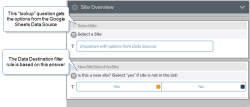 Example of a form question pulling information from a data source, and a button group question with Yes and No as options.