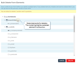 The Select Form Elements modal. One section and nine questions are selected for deletion.