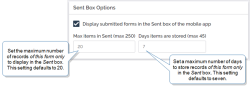 Sent Box Options settings, with a box checked to display submitted forms in the Sent box. You can set the maximum number of submitted records to store for this form only—up to 250. You can also set the number of days to store the submitted records up to a maximum of 45.