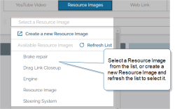 The Help Options tab of a Text Field question, with the Resource Images help type selected. The image displays the dropdown list of available Resource Images to add to the Help Option. It also displays the option to create a new Resource Image.