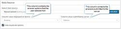 Data Source section in the Form Builder that shows "Building" as the "Column value displayed on device" and "Address" as the "Column value submitted to server". The "submitted to server" is the actual value, and the "displayed on the device" values are the answers that the user selects from.