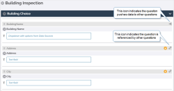 A set of questions in the Form Builder. The first question has an icon that indicates it pushes data to other questions. The following questions have icons that indicate they reference data from another question.