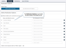 A Multiselect question with the Options tab open. The Multiselect options must match the items listed in the Data Source.