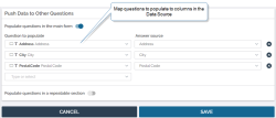 The Push Data to Other Questions section with questions and their corresponding Data Source columns selected.