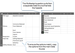 A separate Data source supplies the Multiselect options. These options must match the options listed in the main Data Source.